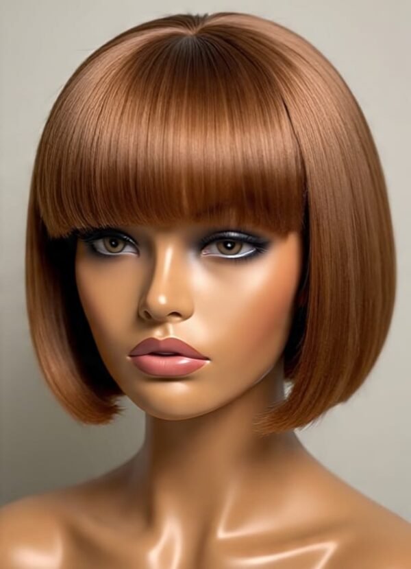 Regalis 100% Human Hair Brown Ombre Short Bob Straight Lace Wig with Bangs - 8 Inches Length