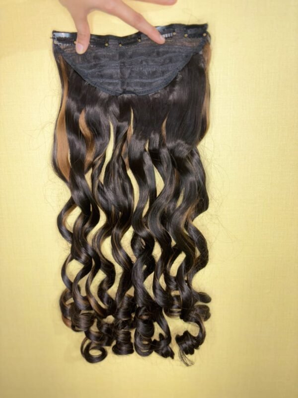 Artificial Regalis Black-Dark Brown & Golden Highlight Curly Clip In Hair Extension